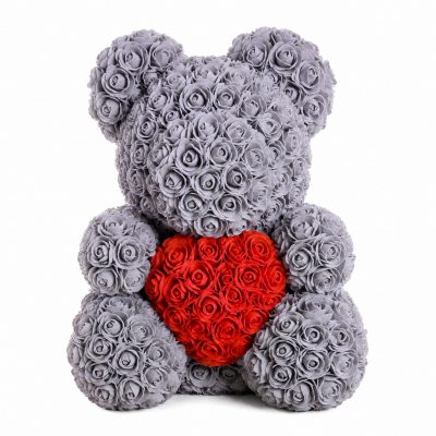 Мишка из роз серый с красным сердцем (40 см)
