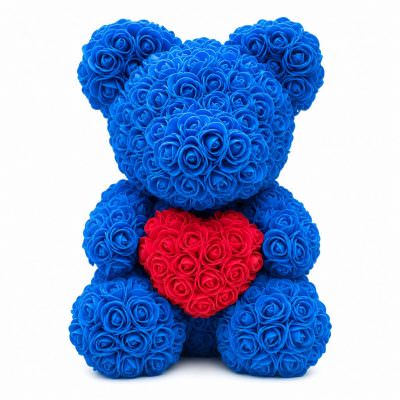 Мишка из роз синий с красным сердцем (40 см)